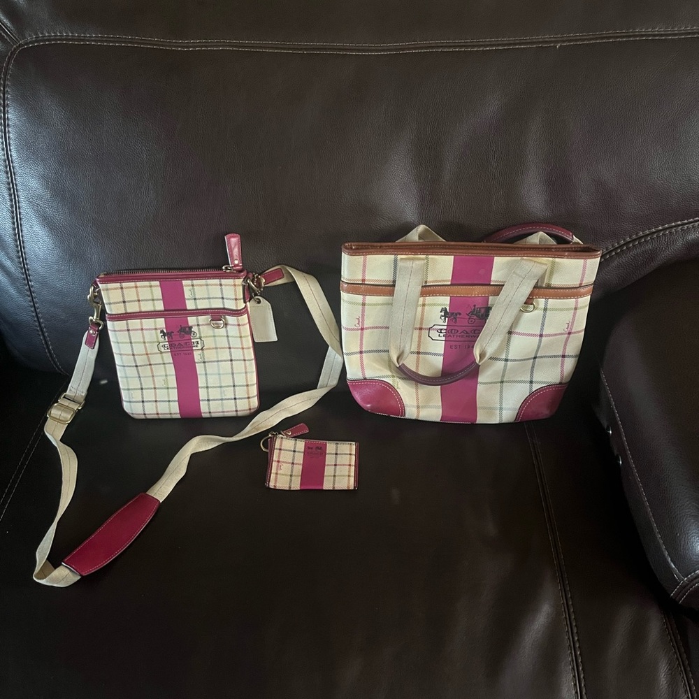 Coach Heritage Tattersall multi fuchsia plaid set w/purse, crossbody, wallet